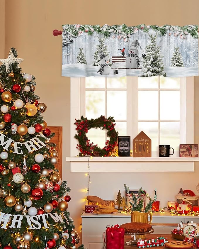 Merry Christmas Valance Curtains for Kitchen Windows Xmas Snowman Snowy Pine Tree Rod Pocket Window Treatment Toppers for Kitchen/Living Room/Bedroom/Bathroom, 42" X 18", Blue Winter