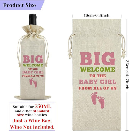 Welcome Baby Girl Wine Bag New Baby Birth Announcement Gift for Grandparents Baby Shower Baby Gender Reveal Party Decors Newborn Baby Girl Gift for Friends Wine Gift Bag Drawstring Wine Wrapping Bag