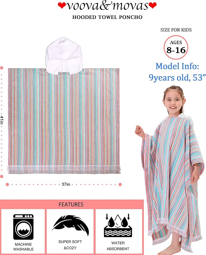 VOOVA & MOVAS Hooded Beach Towel for Big Kids | Large (8-16Years) Soft and Absorbent Cotton Poncho Towel Robe for Pool, Swim, and Bath, Rainbow