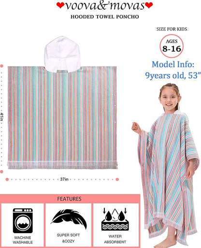VOOVA & MOVAS Hooded Beach Towel for Big Kids | Large (8-16Years) Soft and Absorbent Cotton Poncho Towel Robe for Pool, Swim, and Bath, Rainbow
