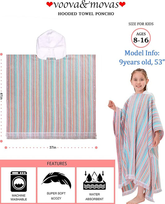 VOOVA & MOVAS Hooded Beach Towel for Big Kids | Large (8-16Years) Soft and Absorbent Cotton Poncho Towel Robe for Pool, Swim, and Bath, Rainbow