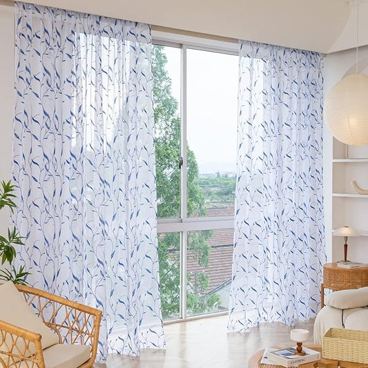Windows Sheer Curtains Embroider Blue Leaf 90 Inches Length 2 Panels Voile Light Filtering Sheer Curtains Panel Basic Rod Pocket for Bedroom Living Room Children Room