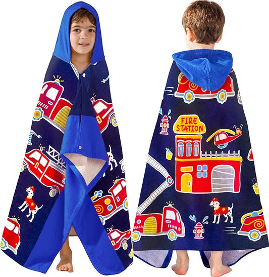 VOOVA & MOVAS Kids Bath Towels Age 3-10, Soft | Thick | 100% Cotton, Beach | Pool | Bath | Swim Towels | Cover Up for Boys, Blue Fire Truck Theme