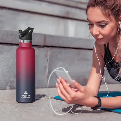 Stainless Steel Water Bottle with Straw - Insulated Water Bottle for Sports, Gym, School, Commute, Adults/Kids - Keep Cold for up to 24 Hours - Sweat/Leak-proof - 2 Lids - BPA Free