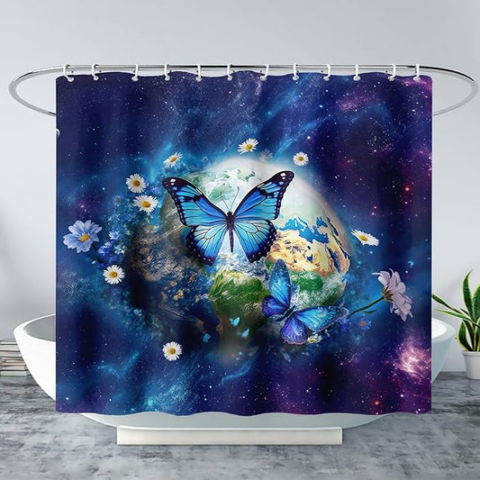 AILONEN Blue Butterfly Shower Curtain 36" W*72" H,Mystic Galaxy Earth Starry Bathroom Decor,Modern Floral Butterfly Bath Curtain Polyester Waterproof Bathroom Curtain with 12 Hooks
