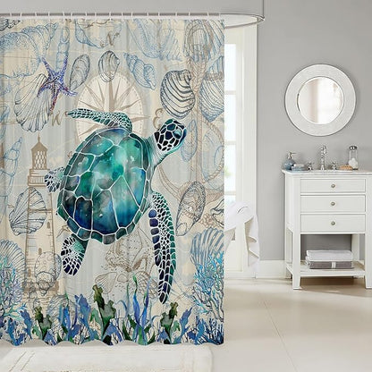 Feelyou Sea Turtle Fabric Shower Curtain Under Sea Animals Shower Curtain for Kids Shells and Corals Bathroom Waterproof Accessories with 12 Hooks Watercolor Green and Brown Curtains,72X78 Inches