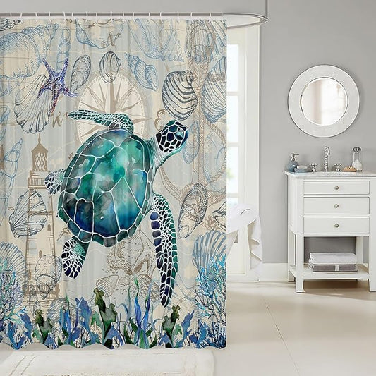 Feelyou Sea Turtle Fabric Shower Curtain Under Sea Animals Shower Curtain for Kids Shells and Corals Bathroom Waterproof Accessories with 12 Hooks Watercolor Green and Brown Curtains,72X78 Inches
