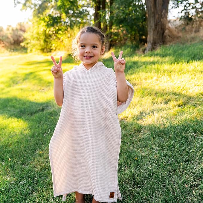 Hooded Towel for Kids | Snaps into a Poncho | Organic Cotton Waffle | Lightweight and Absorbent | Bath, Beach, and Pool | Multiple Colors | (Large (6-10 Yrs), Cloud)