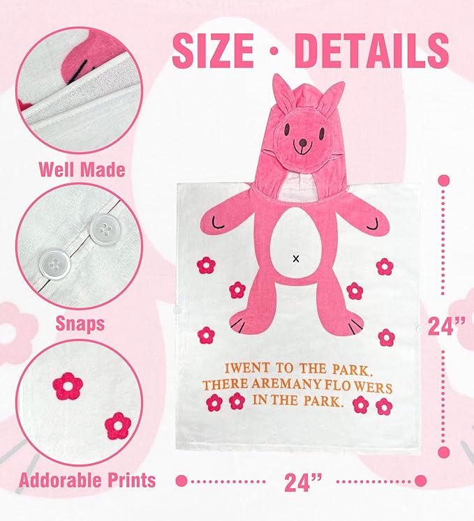Toddler Bath Towel Hooded - Cotton Kids Beach Towel 24"x24" for Ages 1 to 5, Toddler Towels with Hood Snaps, Soft Terry Poncho Towel as Pool Swim Cover Ups for Girls Boys (Bunny Pink)