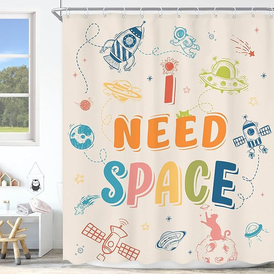 Kids Shower Curtain 60Wx72L Inch Funny Space Quotes Toddler Planet Cartoon Cute Universe Galaxy Boys Girls Nursery Colorful Bathroom Set Bath Curtain Bathtub Accessories Home Decor