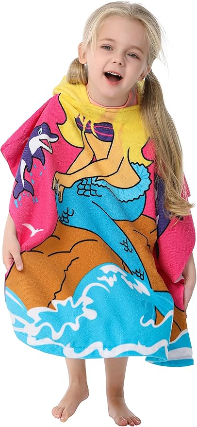 Lightweight Microfiber Hooded Beach Towel for Kids, Toddlers Bath/Pool/Swim Poncho Cover-ups Swimwear (Mermaid& Dolphin)