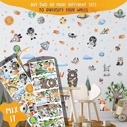 Solar System Wall Decals for Kids by Lipastick - Space Animal Wall Stickers Boys Room Playroom - Galaxy Wall Decor - Kids Vinyl Wall Decal Peel and Stick - Outer Space Nursery Decoration S Size
