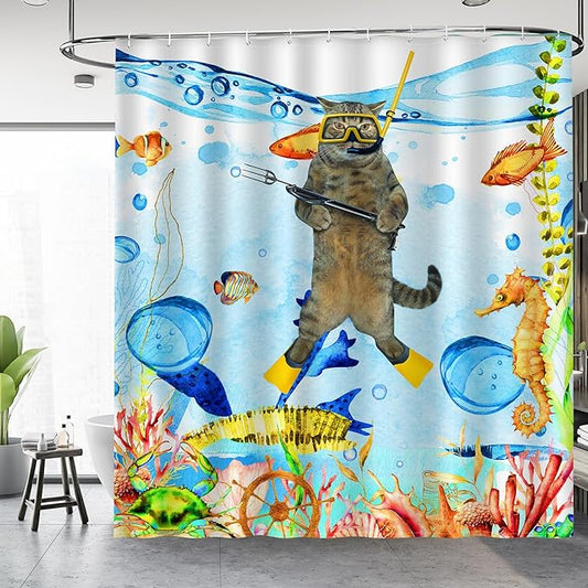Aimego Extra Long Shower Curtain - Funny Cat Sea Ocean Animal Tropical Fish Coral Seahorse Fabric Cloth Shower Curtain Set with 12 Hooks for Bathroom Decor Accessories Bathtub Curtain, 72"x84"