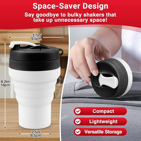 Protein Shaker Bottle Collapsible - Food-Grade, Leakproof Lid 600mL/20oz Shaker - Reusable Silicone Shaker Cups for Protein Shakes for Gym-goers & Travelers