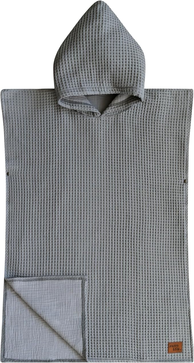 Hooded Towel for Kids | Snaps into a Poncho | Organic Cotton Waffle | Lightweight and Absorbent | Bath, Beach, and Pool | Multiple Colors | (Medium (3-6 Yrs), Dove)