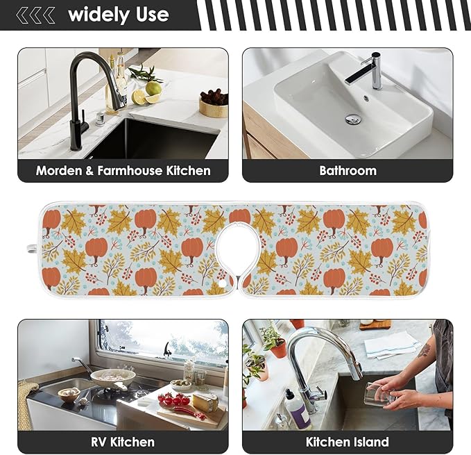 Fall Pumpkin Faucet Sink Mat for Kitchen 2 Pack Autumn Maple Leaves Sunflower Berry Bathroom Drying Mat Absorbent Splash Water Catcher Mats Microfiber Cloth Drip Protector Splash Pad 14x5 Inches