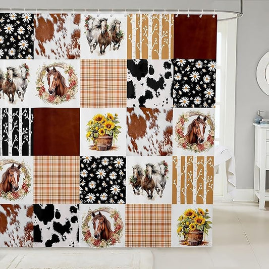Feelyou Horse Shower Curtain 72"x84" Kids Cowboy Cow Fur Bathroom Shower Curtain Set for Boys Girls Teens Farm Geometric Stripes Bath Curtain Daisy Sunflower Bathroom Accessories