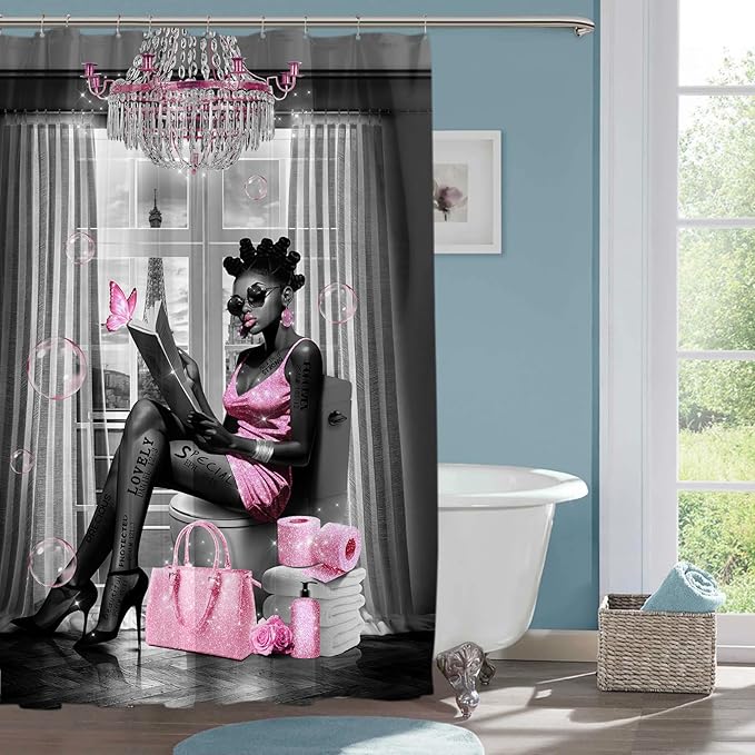 African American Shower Curtain Fashion Black Girl Shower Curtains for Bathroom Decor Grey Pink Waterproof Polyester Fabric Afro Black Women Bathroom Curtain with Hooks 55x72 Inch