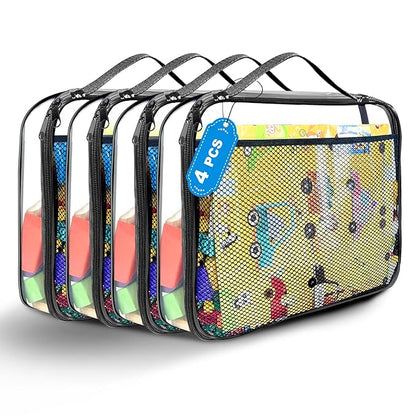 4 Packs PVC Toy Zippered Blocks, Travel Storage Case Bags for Organizing, Waterproof Toy Storage Bags with Mesh Pockets for Building Blocks, Puzzles, Clays,Toy Cars 13.3"Lx3" Wx10.4" H (Black).