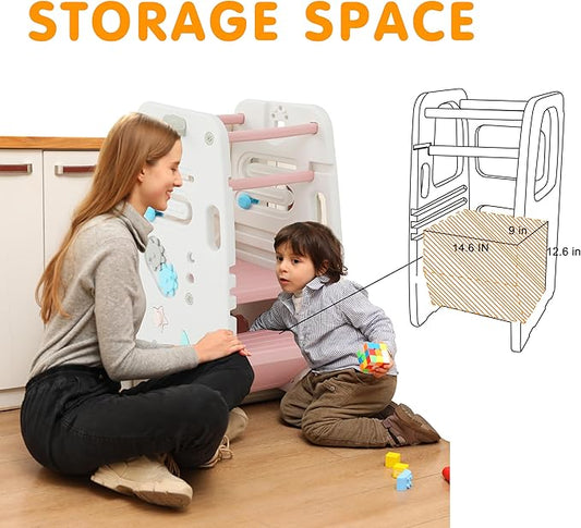 SDADI Multifunctional Toddler Tower with Double Safety Rails - Adjustable & Non-Slip for Kitchen and Bathroom Use - Montessori Step Stool for Kids, Beige and Pink