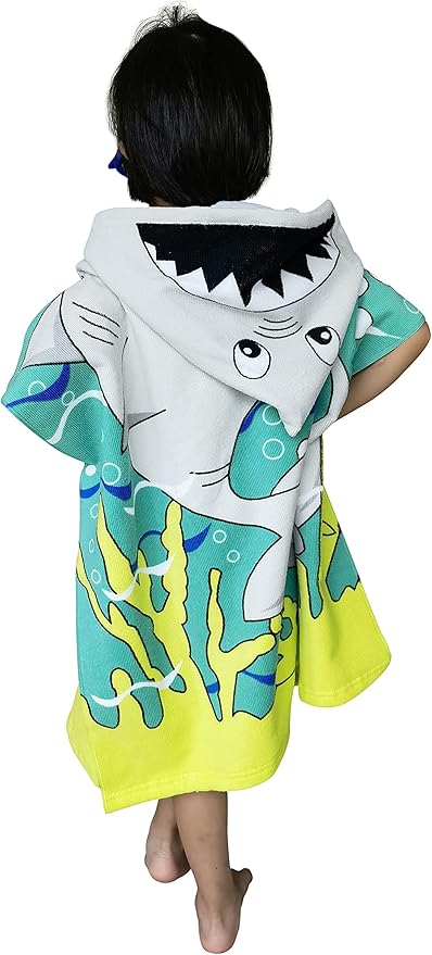 Wearable Towel for Kids Toddlers Bath Pool Beach Swim Poncho Cover-ups Swimwear for Little Boys Girls, Shark Theme with Bag