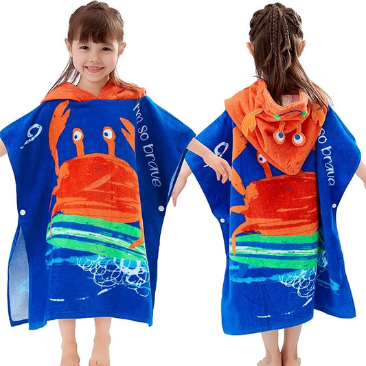 VOOVA & MOVAS Kids Towel Poncho with Hood (2-6Years) Cotton Poncho for Toddlers, Perfect for Swim | Surf | Shower | Birthday Gifts, Cape Crab Theme