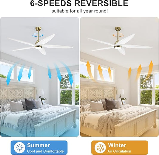 64 Inch Modern Ceiling Fan with Lights and Remote, 5 Wood Blades, 6-Speed Noiseless Reversible DC Motor with Replaceable Downrods for Bedroom Living Room Dining Room, Gold and White