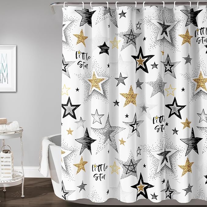 AILONEN Star Shower Curtain, Grey and Gold Tie Dye Star Bathroom Curtain,Minimalist Shower Curtain 72" W*78" H Polyester Waterproof Bathroom Curtain with 12 Hooks