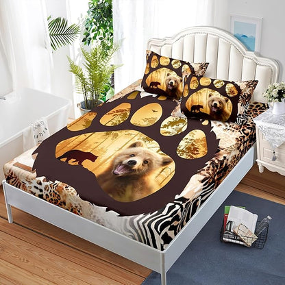 AILONEN Cute Bear Twin XL Fitted Sheet Set for Girls Boys, Bear Paw Sheet Leopard Print Fitted Sheet with 2 Pillowcases,3 Pieces Rustic Vintage Bear Bed Sheet Set