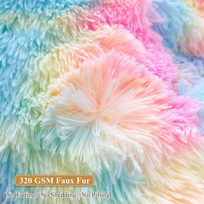 XeGe Fluffy Back Support Pillow Cover for Bed (No Filler), Tie Dye Faux Fur Backrest Pillow Case, Furry Reading Pillow Cover with Arms Adults Kids Girls, Fuzzy Sit Up Study Pillow for Floor, Rainbow