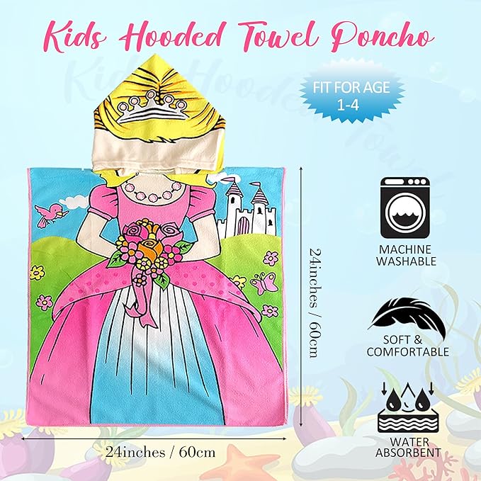 Flower Princess Beach Towel for Ages 2-4, Cute Castle Kids Hooded Bath Towel, 47.2" x 23.6" Super Absorbent Toddler Bath Towel