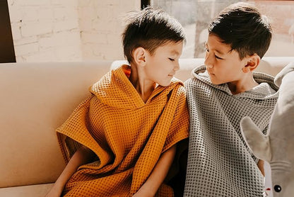 Hooded Towel for Kids | Snaps into a Poncho | Organic Cotton Waffle | Lightweight and Absorbent | Bath, Beach, and Pool | Multiple Colors | (Large (6-10 Yrs), Dove)