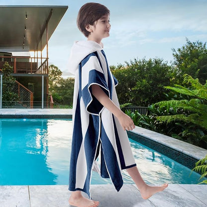 VOOVA & MOVAS Hooded Towel Poncho for Boys| Girls | Teens (8-16Years), 100% Cotton Thick Poncho Towel Robe for Kids, Perfect for Pool, Beach, Bath and Gifts, Navy White Stripe