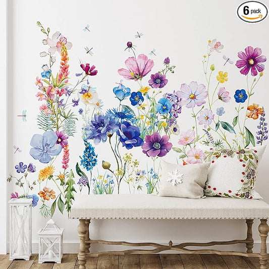 Zonon Flowers Wall Decals Vinyl Dragonflies Flowers Wall Stickers Removable Floral Wall Murals Peel and Stick Colorful Flower Wall Decor for Bedroom Living Room Nursery(Beautiful)