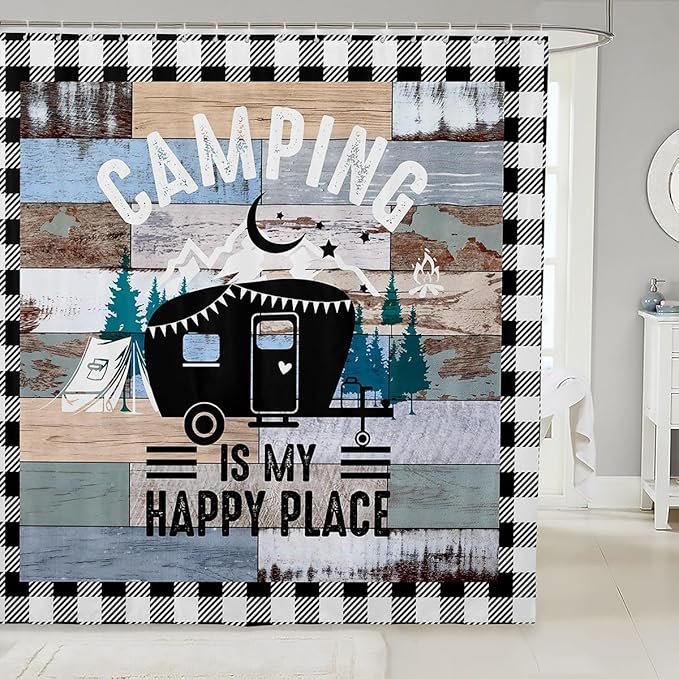 Feelyou Happy Camping Shower Curtain Camper Fabric Shower Curtain for Kids Boys Girls Rustic Farmhouse Style Bathroom Waterproof Accessories with 12 Hooks Vintage Barn Door Curtains,72X84 Inches