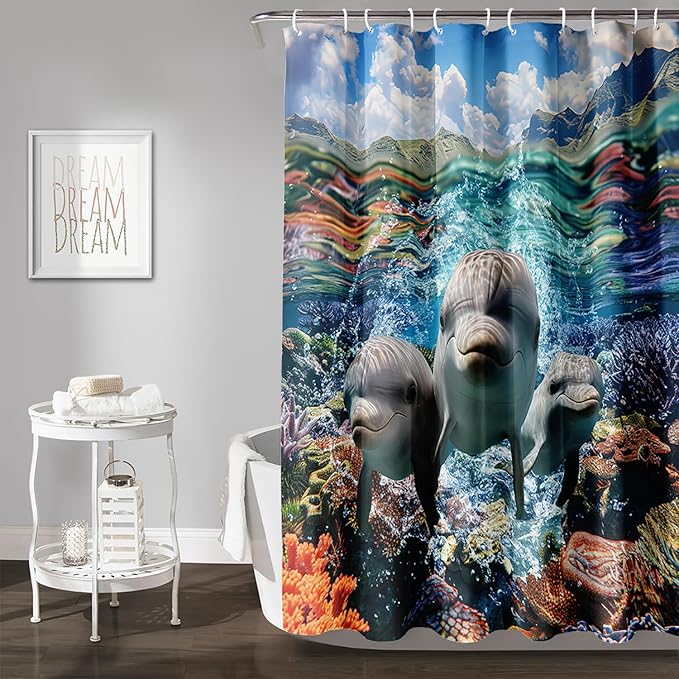 AILONEN Cute Dolphin Shower Curtain,Ocean Dolphin Bath Curtain,Tropic Sea Coral Beach Curtain,Boys Girls Kids Curtain for Bathroom Decor Waterproof, 60" W x 72" H