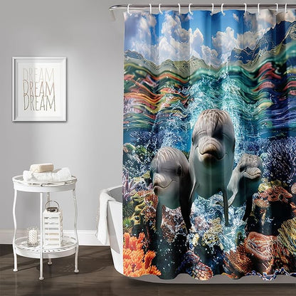 AILONEN Cute Dolphin Shower Curtain,Ocean Dolphin Bath Curtain,Tropic Sea Coral Beach Curtain,Boys Girls Kids Curtain for Bathroom Decor Waterproof, 60" W x 72" H