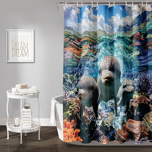 AILONEN Cute Dolphin Shower Curtain,Ocean Dolphin Bath Curtain,Tropic Sea Coral Beach Curtain,Boys Girls Kids Curtain for Bathroom Decor Waterproof, 60" W x 72" H