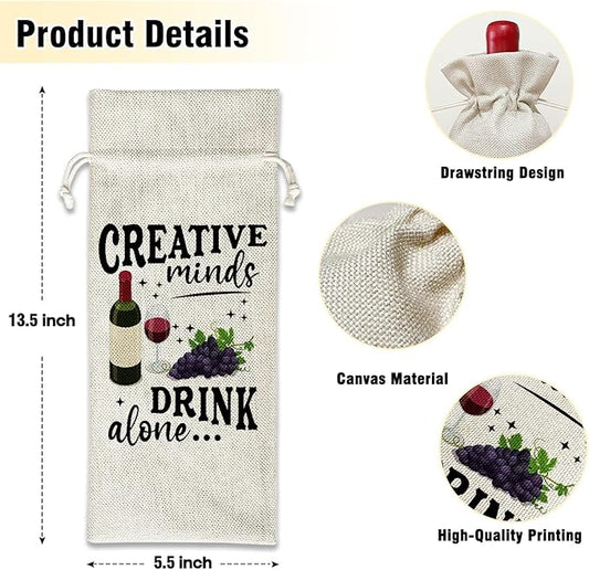 Wine Canvas Bag, Funny Wine Gift Bag, Birthday Gifts for Women Men Mom Coworker Friends Wife Wine Lover Gifts Wine Bags for Wine Bottles, Wine Gifts With Drawstring Holiday Party Decoration -WB23