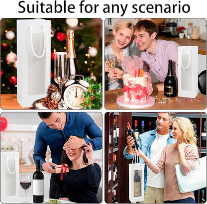 Ssyuysto 12 Pcs White Wine Gift Bags With Handle for Wine Bottles Gifts,4.9"x3.34"x14.1" Sturdy Kraft Paper Wine Bags With Window for Wedding Anniversary Birthday Party Christmas Thanksgiving