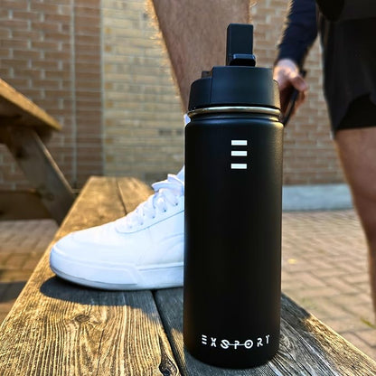 Stainless Steel Water Bottle - 18 Oz Water Bottle with Straw Lid, Coffee Lid, and Wide Mouth Lid - Double Insulated Water Bottle - Metal Water Bottle - Hot and Cold Insulated Thermos - (Black)