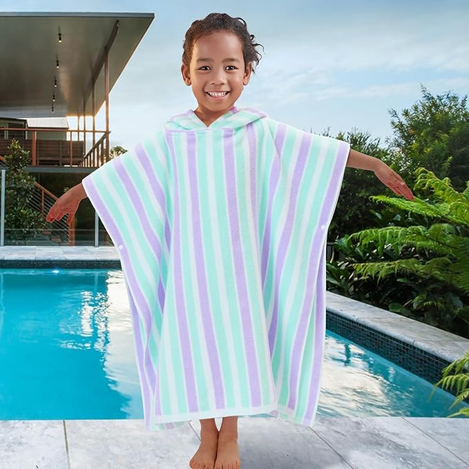 VOOVA & MOVAS Poncho Towels for Kids Absorbent - (4-8Years) - Quick Dry Lightweight Cotton Hooded Towel Robe for Pool | Swim | Beach | Bath, Aqua Purple Stripe