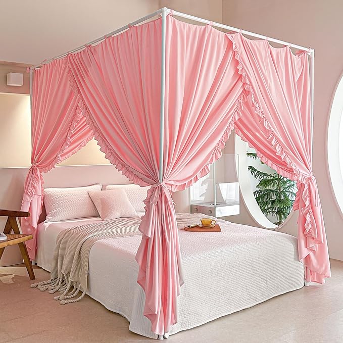 AIKASY Princess Canopy Bed Curtains with Top Ties - Windproof & Lightproof for Girls' Adult Bedroom Decor | Bed Canopy Drapes (Queen,Pink)