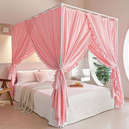 AIKASY Princess Canopy Bed Curtains with Top Ties - Windproof & Lightproof for Girls' Adult Bedroom Decor | Bed Canopy Drapes (Queen,Pink)