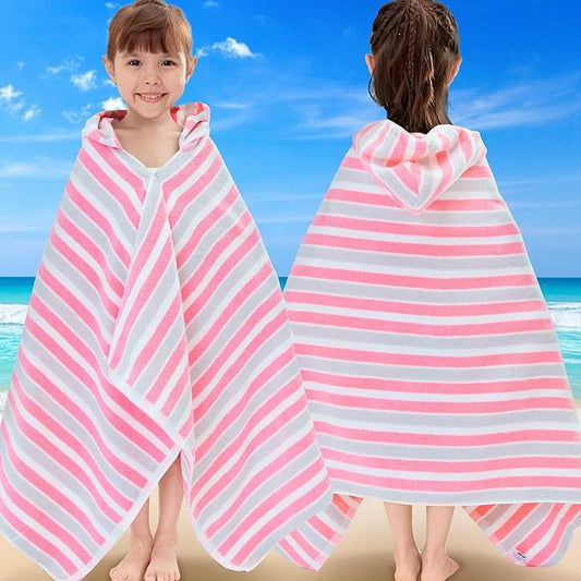 VOOVA & MOVAS Hooded Towels for Kids - 100% Cotton (3-10Years) - Quick Dry Absorbent Lightweight Towel for Pool | Swim | Beach | Bath, Girls Wrap Towel with Hood, Pink Gray Stripe