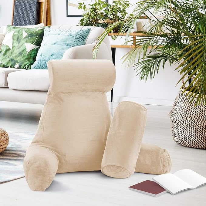 Nestl Reading Pillow Large Bed Pillow, Back Pillow for Sitting in Bed Shredded Memory Foam Chair Pillow, Reading & Bed Rest Pillows Beige Cream Back Pillow for Bed, Bed Chair Arm Pillow with Pockets