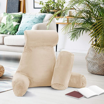 Nestl Reading Pillow Large Bed Pillow, Back Pillow for Sitting in Bed Shredded Memory Foam Chair Pillow, Reading & Bed Rest Pillows Beige Cream Back Pillow for Bed, Bed Chair Arm Pillow with Pockets