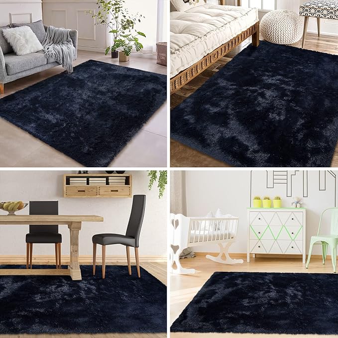 Navy Blue Shag Rug for Bedroom, Abstract Fluffy Soft Area Rugs for Living Room Nursery Kids Room, Non Skid Thick Throw Rug, Indoor Modern Floor Carpets for Dorm Office Kitchen, 5' x 8'