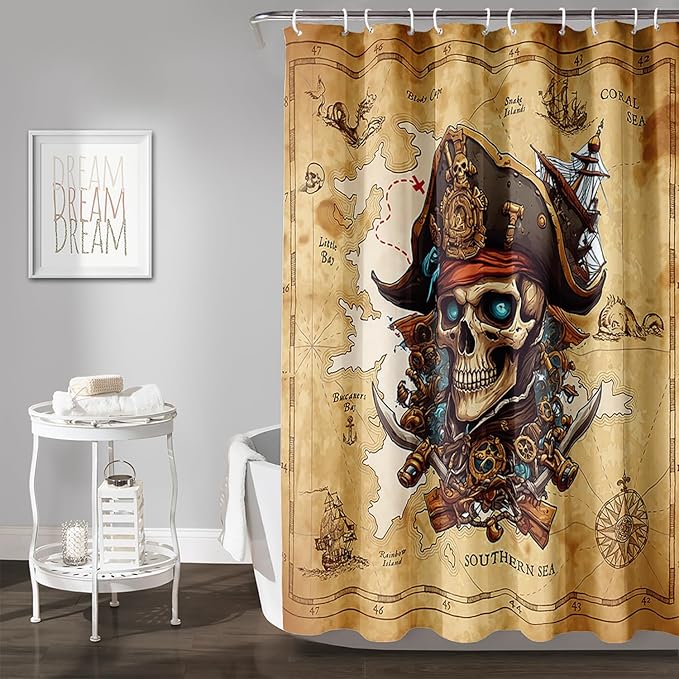 AILONEN Pirate Skull Shower Curtain for Bathroom,Vintage Ocean Nautical Bath Curtain Decoration,Pirate Captain Old Map Print Waterproof Shower Curtain with 12 Plastic Hooks, 36" W*72" H