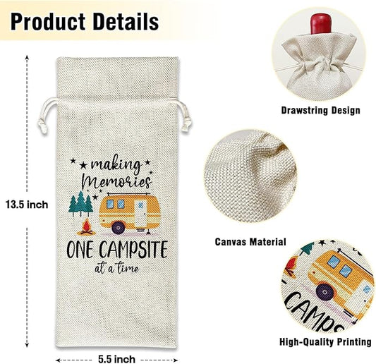 Wine Canvas Bag, Camper Gifts Wine Gift Bag, Camping Gift for Women Men Friend Camper Vacation Gifts Wine Bags for Wine Bottles, Wine Champagne Gifts With Drawstring Outdoor Party Decoration -WB10